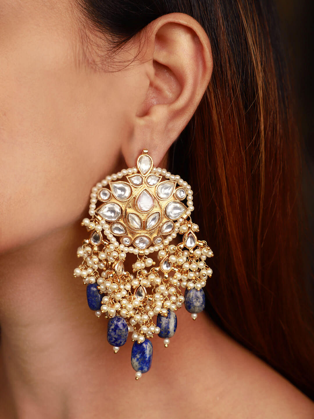 Buy Blue Lapis Gold Toned Kundan Earrings for Women Online at Ajnaa Jewels 430688