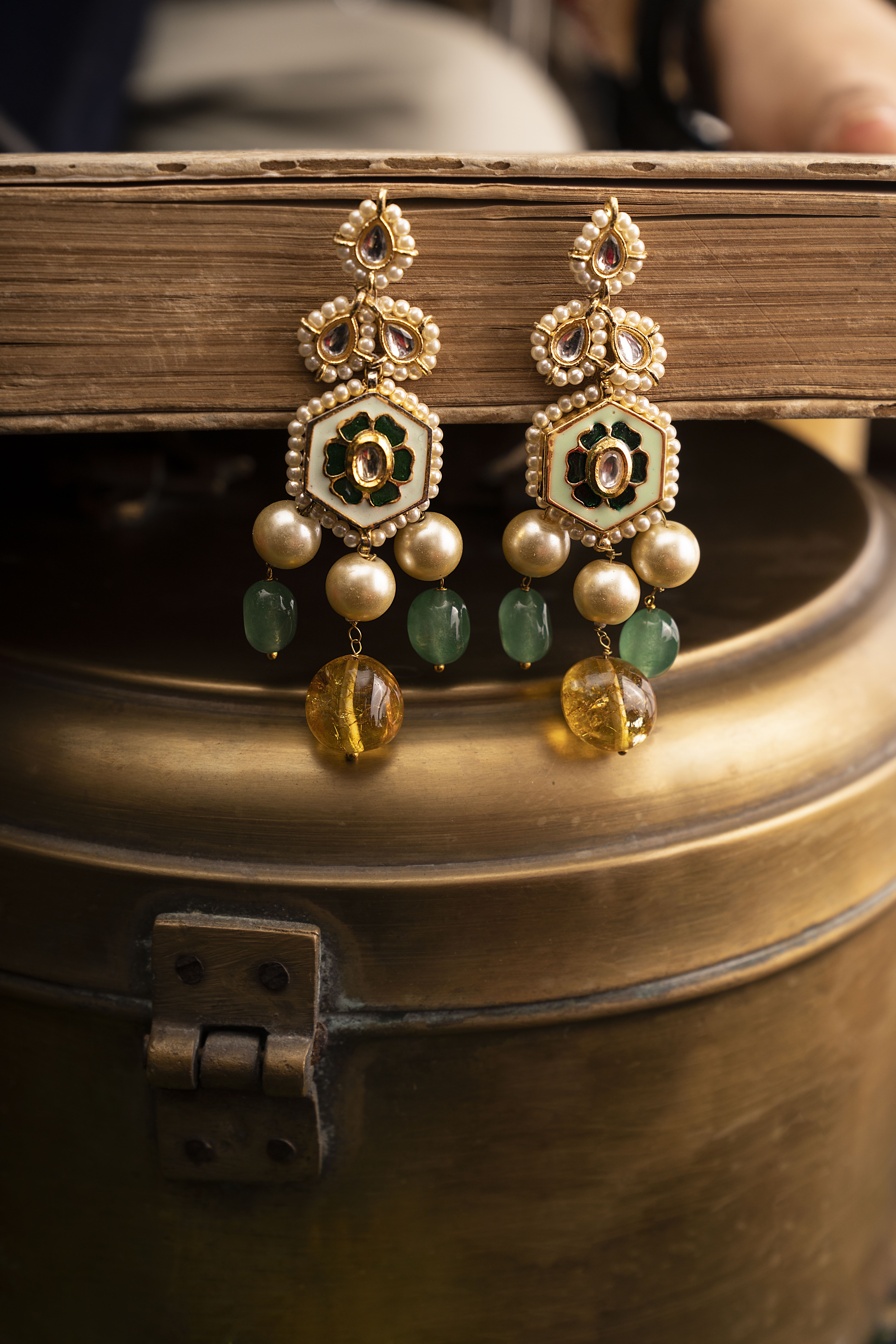 Green and pearl earrings store