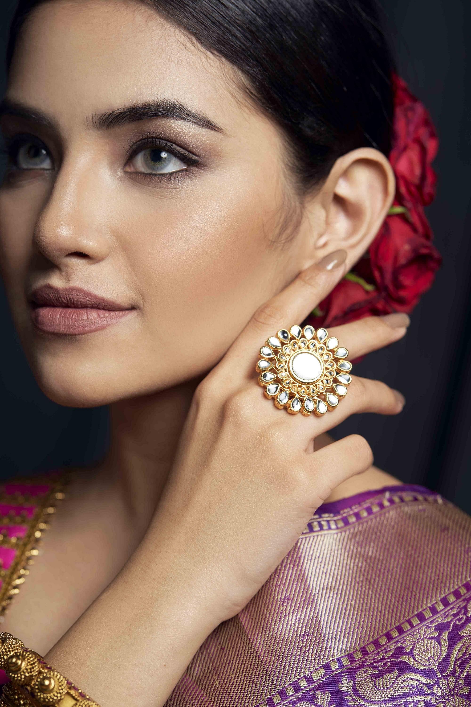 Buy White Kundan Cocktail Ring for Women Online at Ajnaa Jewels 391077