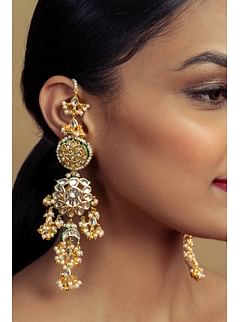 Gold And Green Kundan Chand Earrings