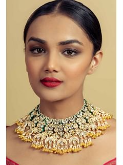 Statement Gold Green Kundan Chand Gold Beads Necklace