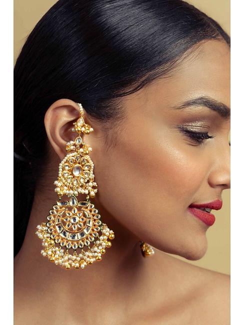 Statement Gold Green Kundan Chand Gold Beads Earrings