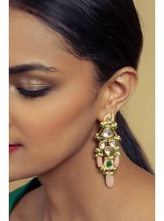 Green And Gold Kundan Earrings With Pink Moonstone