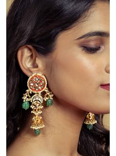 Red Meena Green Drops Kundan Jhumki Earrings
