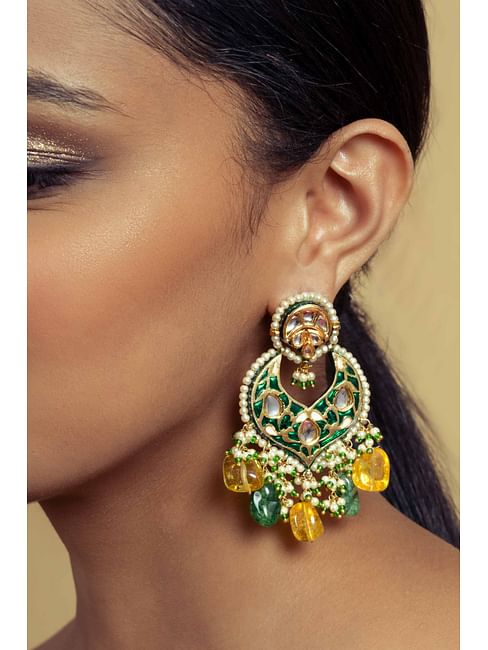 Green Meena Kundan Green & Yellow Drops Earrings