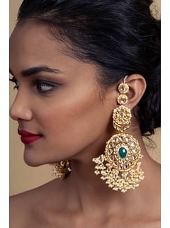 Green Center Gold Kundan Biya Drops Earrings
