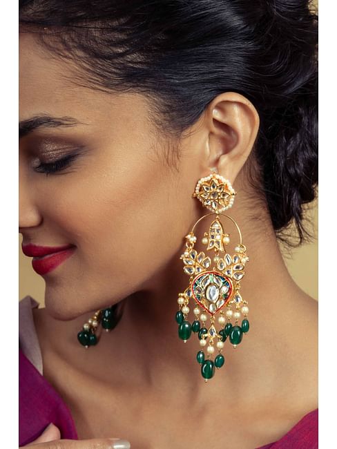 Multi Meena Gold Fish Emerald Drops Earrings