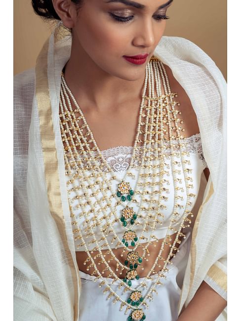 Statement Gold Green Kundan & Pearls Satlada Necklace