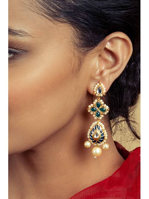 Blue & Green Kundan Earrings With Pearl Drops