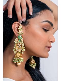 Green Enamel & Kundan Chand Pearl Drop Jhumki Earrings