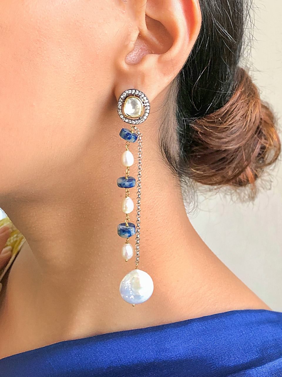 Gold toned Blue Stone Triple Pearl Drop Earrings  JHAROKHA STORE