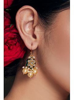 Pearl Drop with Flower Motif Kundan Earrings