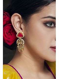 Pink Kundan Yellow Drop Earrings