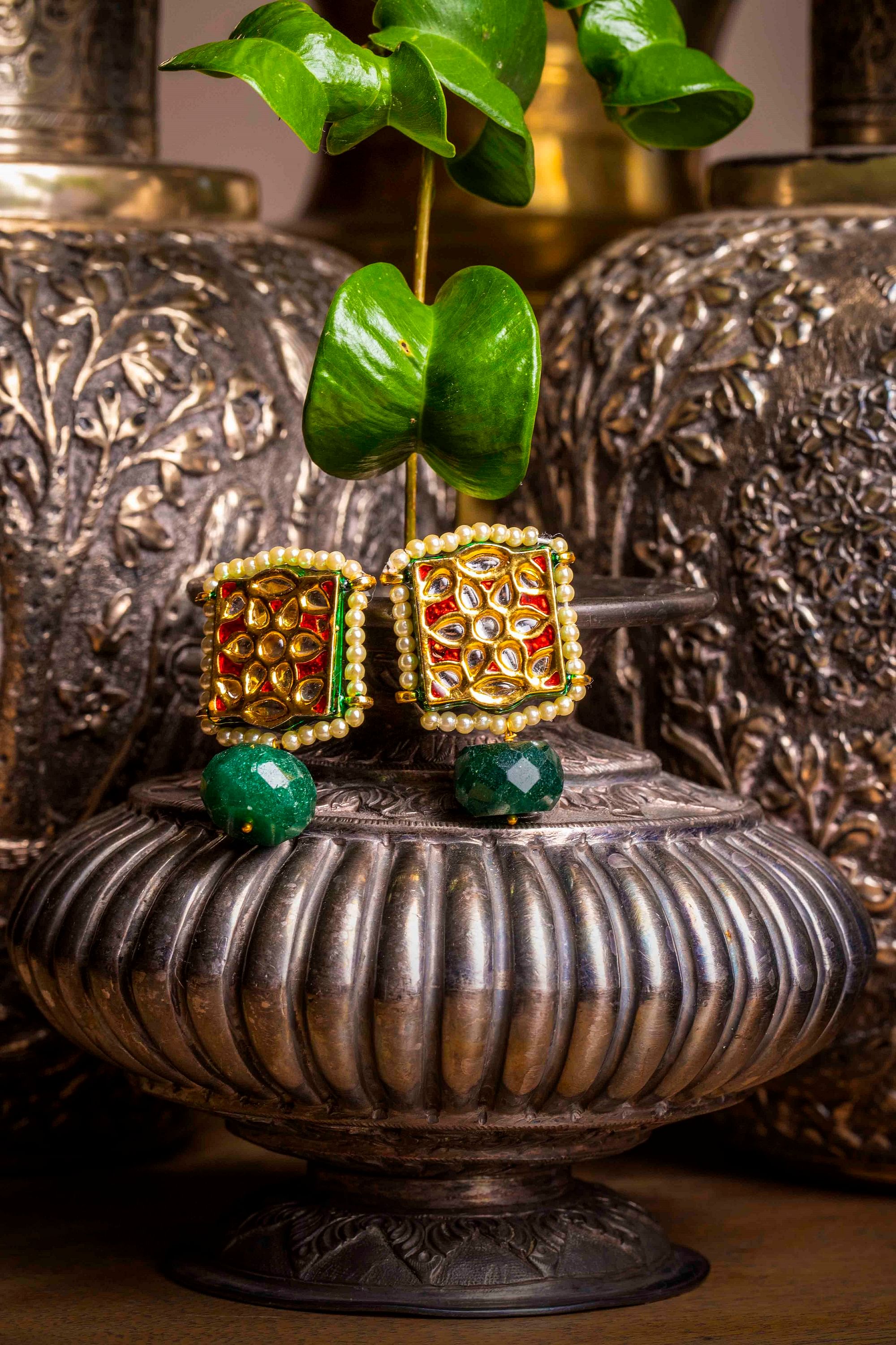 Buy Anika's Creations Traditional Gold Tone Class Triangular Shape Green  Stone Earrings Online