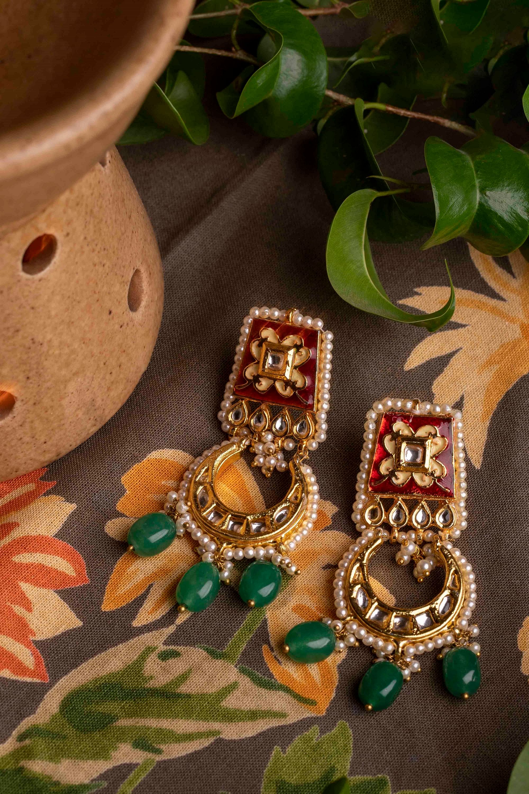 Emerald green stone earrings with cz pointers and pearl drop 