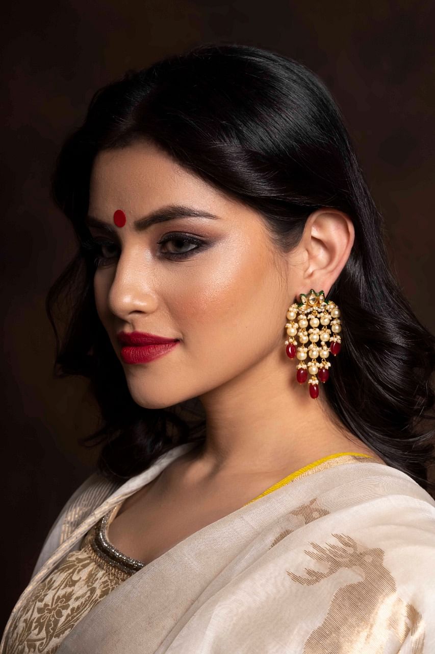 Traditional Jhumka red stone With Pearl Earring Wedding Wear Earring. -  Satyam Jewellery NX - 2573426