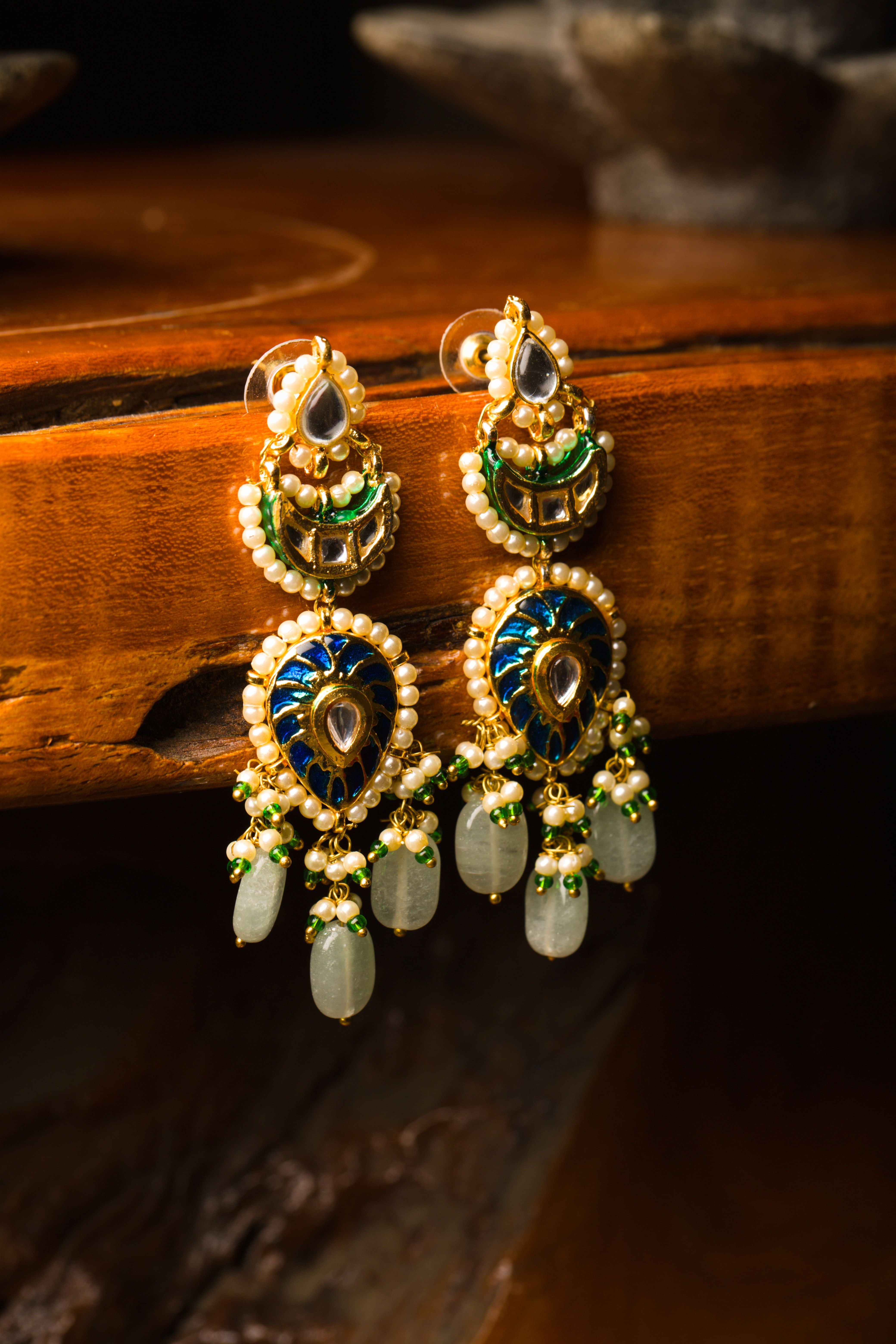 Regal Rajputi Floral Beaded Kundan Earrings  Ratnit