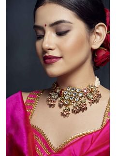 Smoked Drops with Pink Kundan & Pearls Choker Necklace Smoked Drops with Pink Kundan & Pearls Choker Necklace