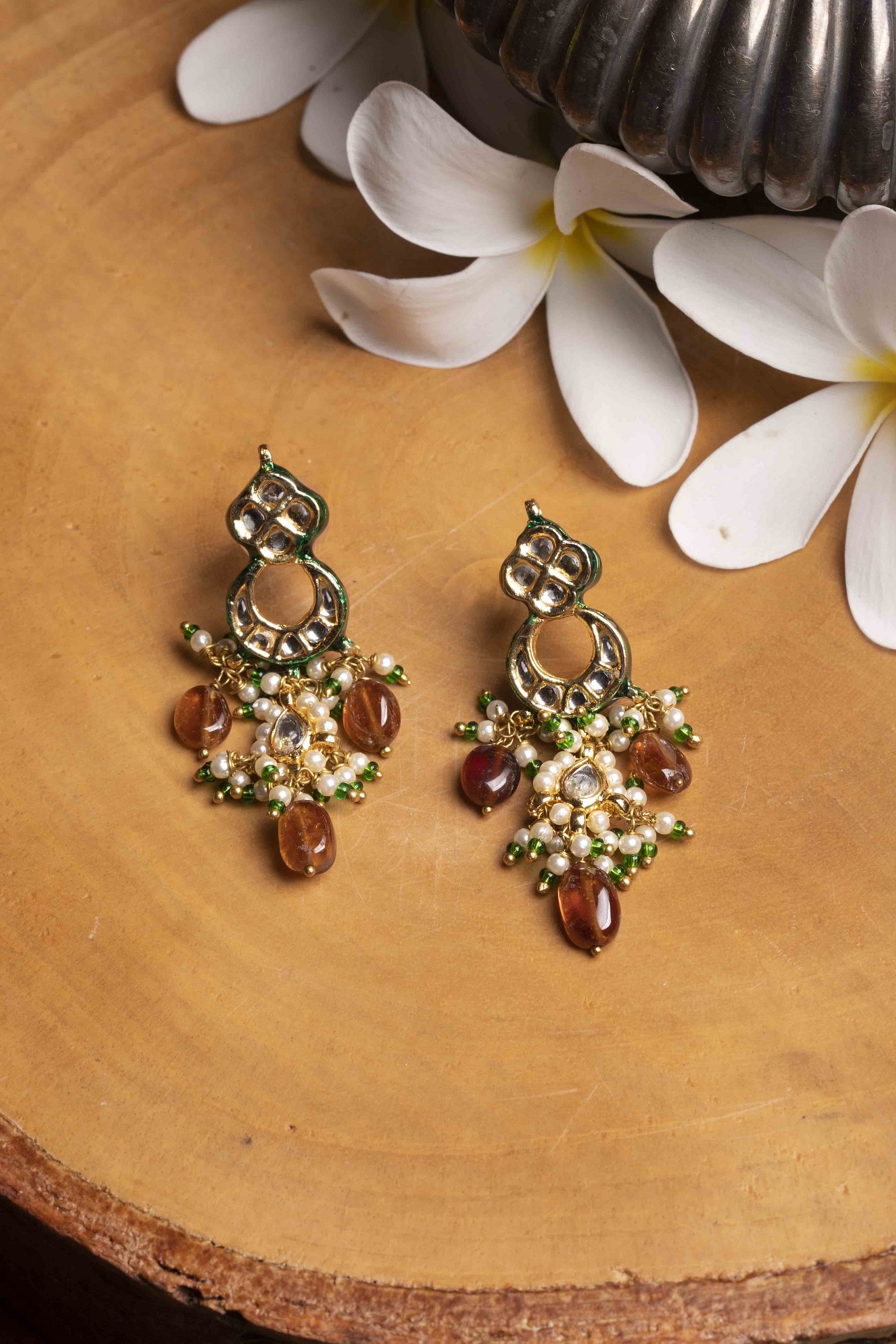 Pearl Jadau Drop Earrings in Gold Plated Silver ER 203 – Deccan Jewelry