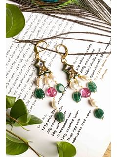 Emerald Tourmaline Pearl Drop Fish Earrings