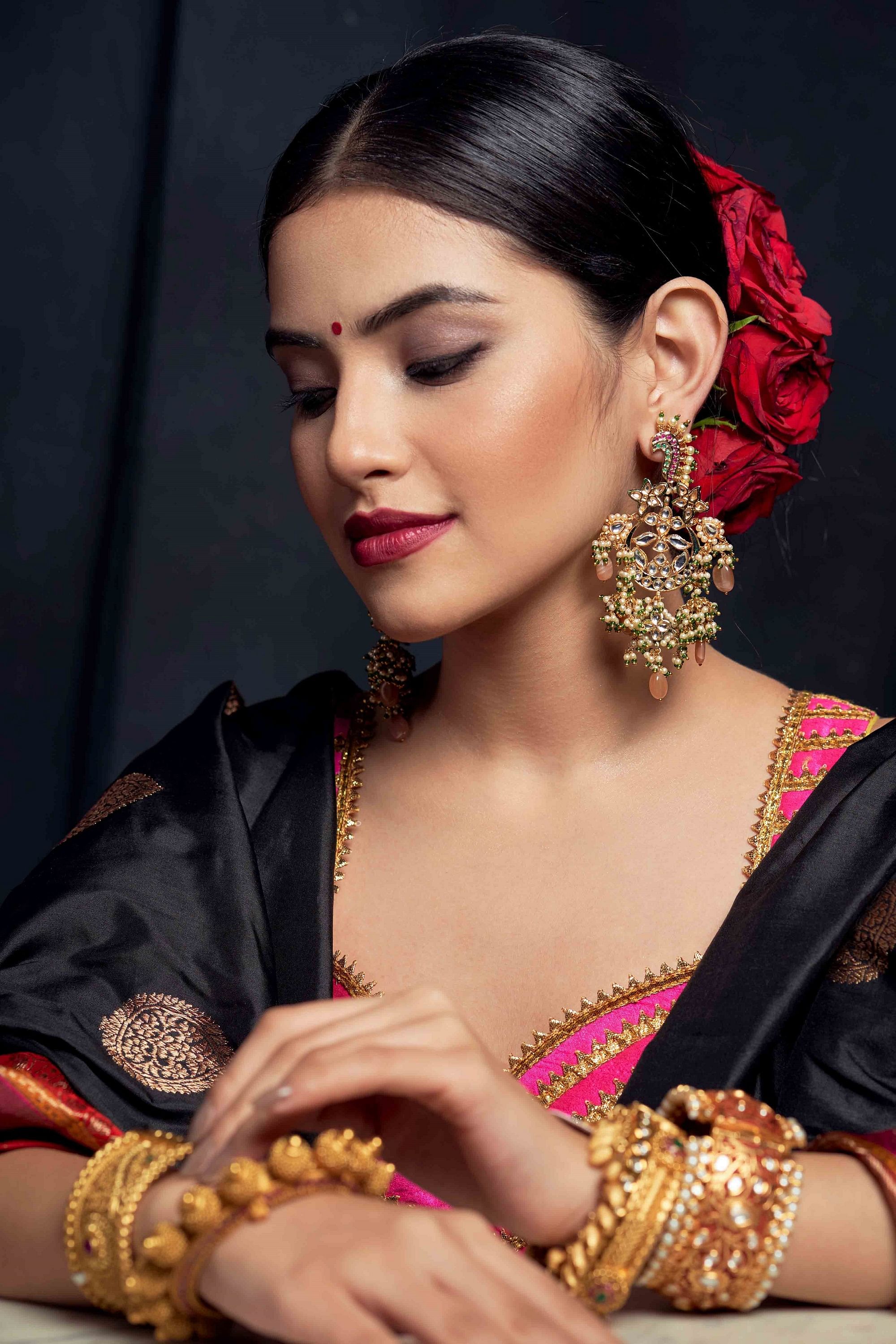 Sumita Basak 🎀🧿 on Instagram: “Black saree & golden hour hits different ✨  Saree: @ekhojcity Hand-painted earrings: … | Black saree, Hand painted  earrings, Fashion