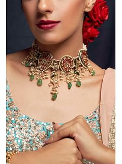 Guldasta Red with Green Drops Kundan Choker Necklace