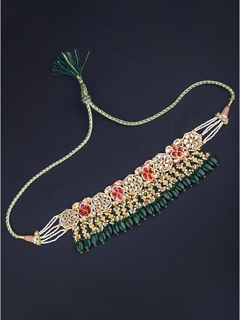 Green & Red Flower Pearls Kundan Choker Necklace