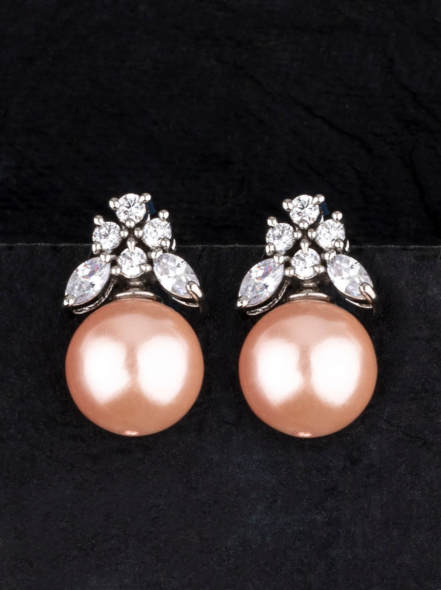 Estele Rose Gold Plated Crystal Faux Pearl Drop Earrings for Women