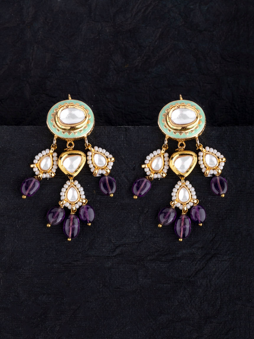 Buy Green Kundan & Purple Earrings Online at Ajnaa Jewels | 391438