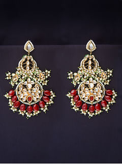 White & Red Pearls Chandbali Earrings