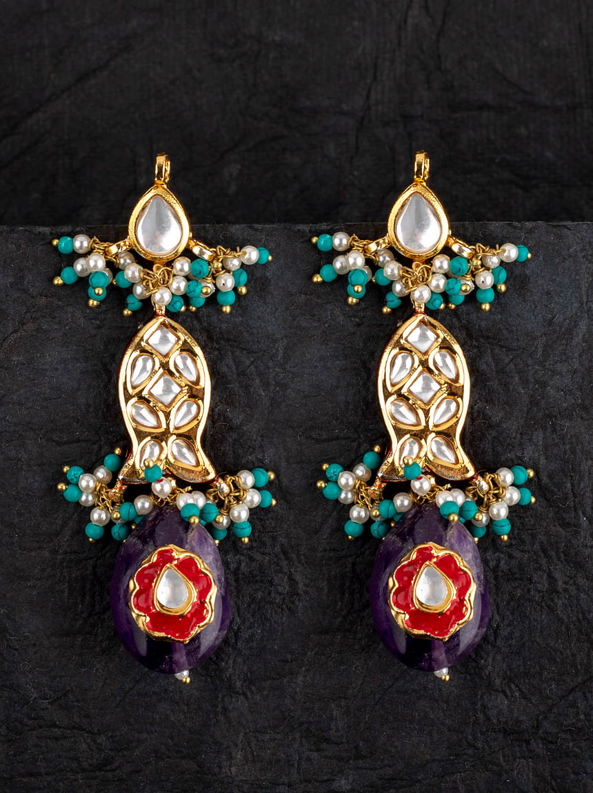 Buy Blue Meenakari Pearl Drop Kundan Earrings for Women at Ajnaa Jewels |  LE353