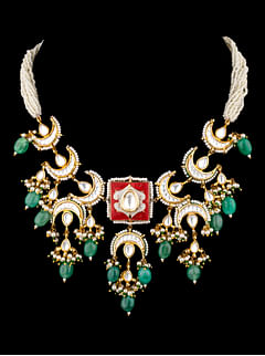 Red Meena Chand Emerald Kundan Necklace