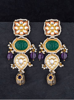 Emerald Amethyst with Yellow Citrine Drops Kundan Earrings