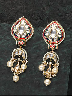 Red & Blue Kundan Chanda Pearls Chandbali Earrings