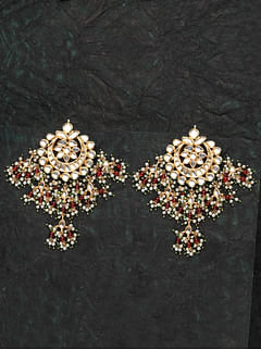 Red & Green Kundan Pearls Chandbali Earrings