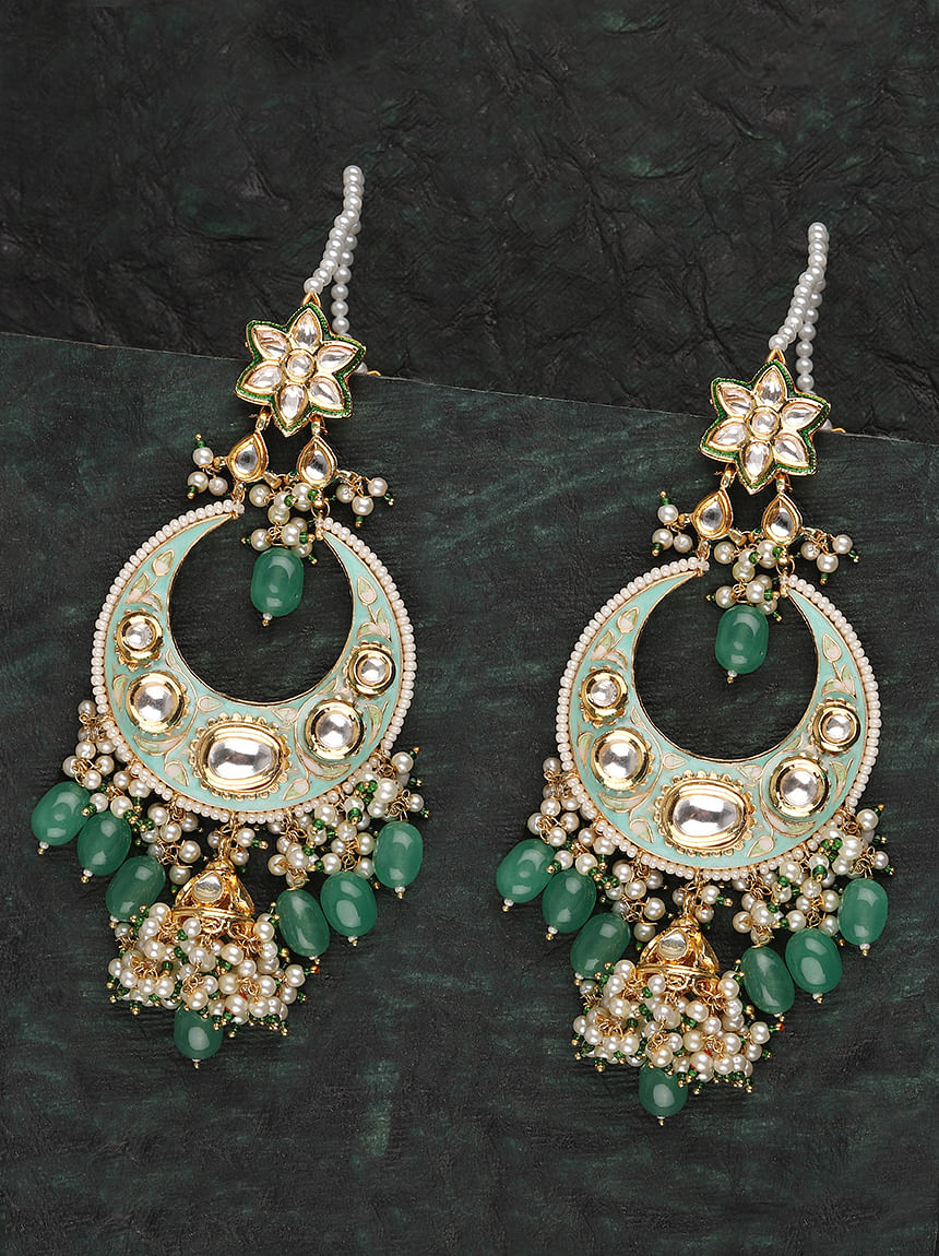 Pastel Green stones and beads studded Silver finish Dangling earrings –  www.soosi.co.in