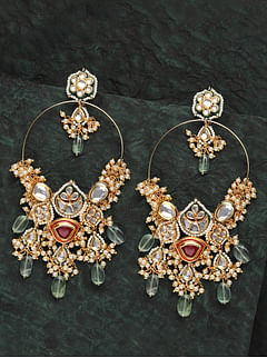 Mint Green Pearls & Kundan Red Meena Chandbali Earrings