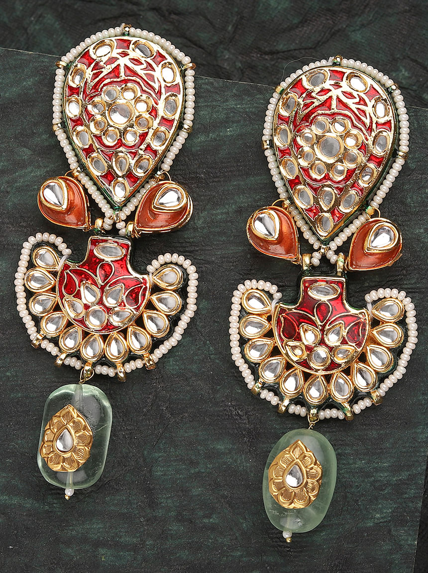 Kriaa Gold Plated Orange Meenakari And Kundan Jhumki Earrings - 131636