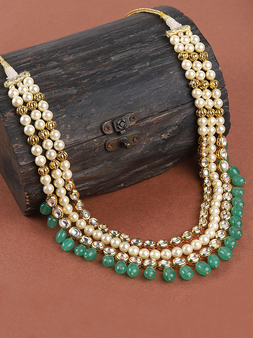 Traditional Indian Polki Style - Pearl Set in Emerald Pendant Set