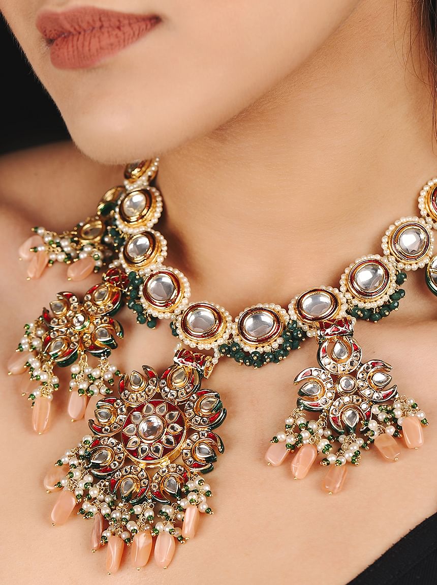 Green And Golden Brass (Base) Bridal Kundan Necklace Set at Rs 2000/set in  Nawalgarh