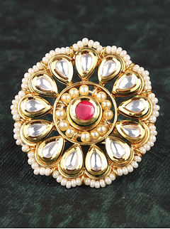 Kundan Red Flower Pearls Ring