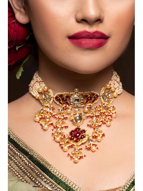 Red Kundan and Pearl Jadai Necklace