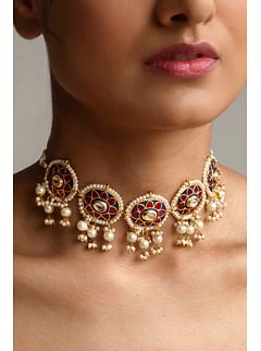 Red & Blue Meenakari With Pearl Drops Choker Necklace