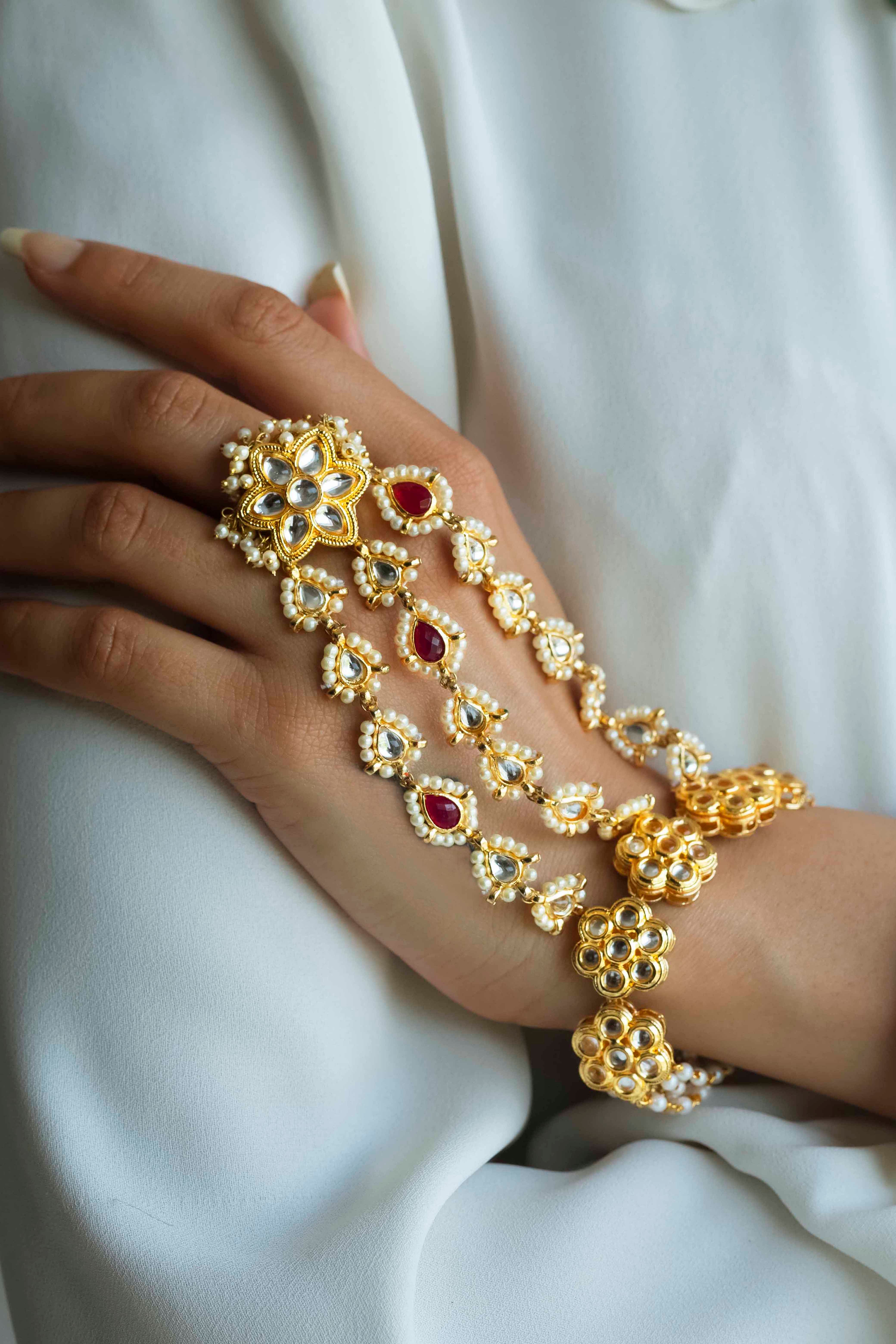 Buy sanjog Embellished Kundan Moti Ring Bracelet Hathphool Hand Harness Finger  Ring Bracelet for Girls/Women at Amazon.in