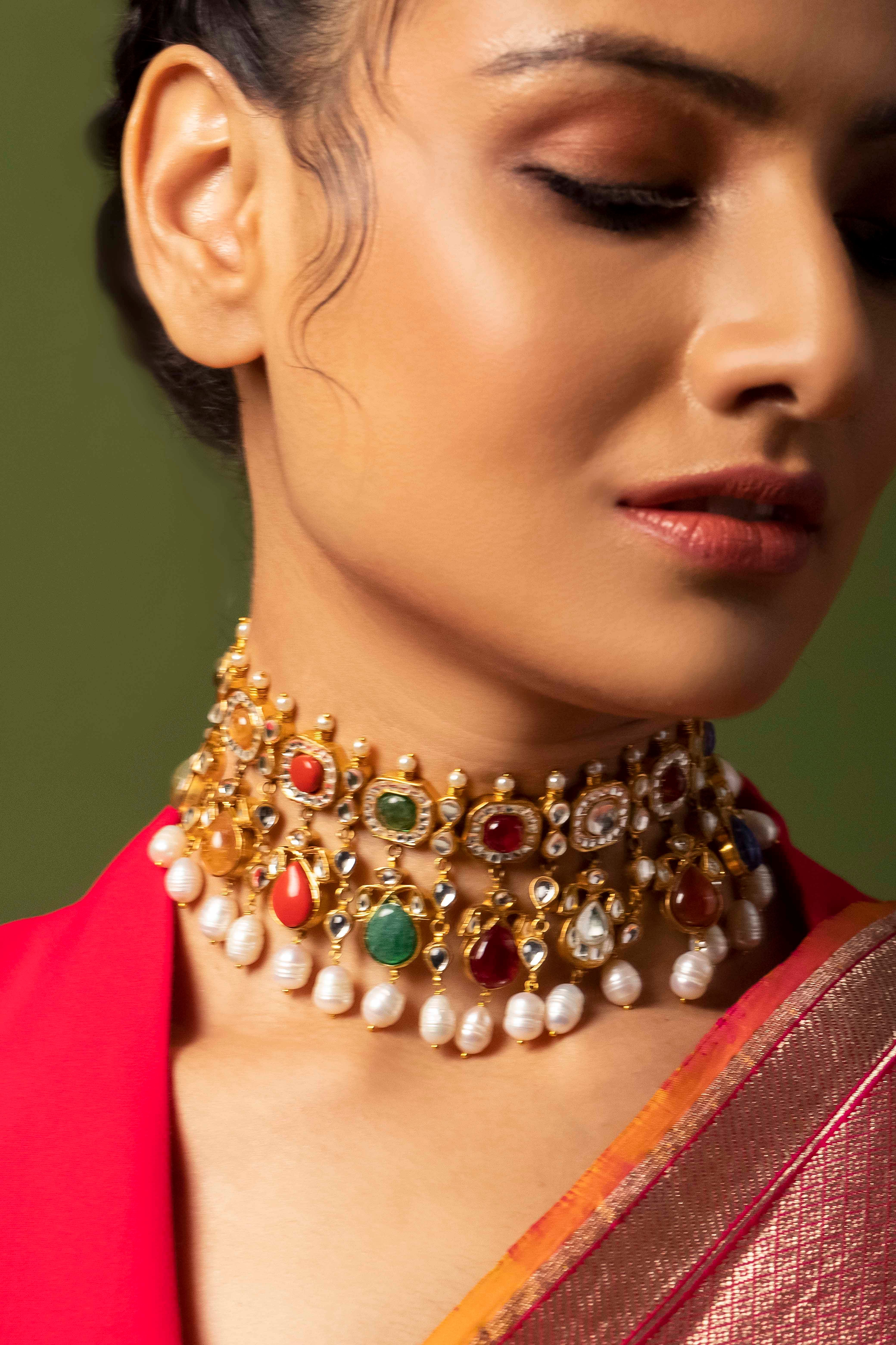 Green Hyderabadi Necklace Set, Jadau Jewellery, Jadau Necklace