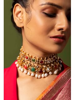 Navratna Jadau Pearl Detail Kundan Choker Necklace