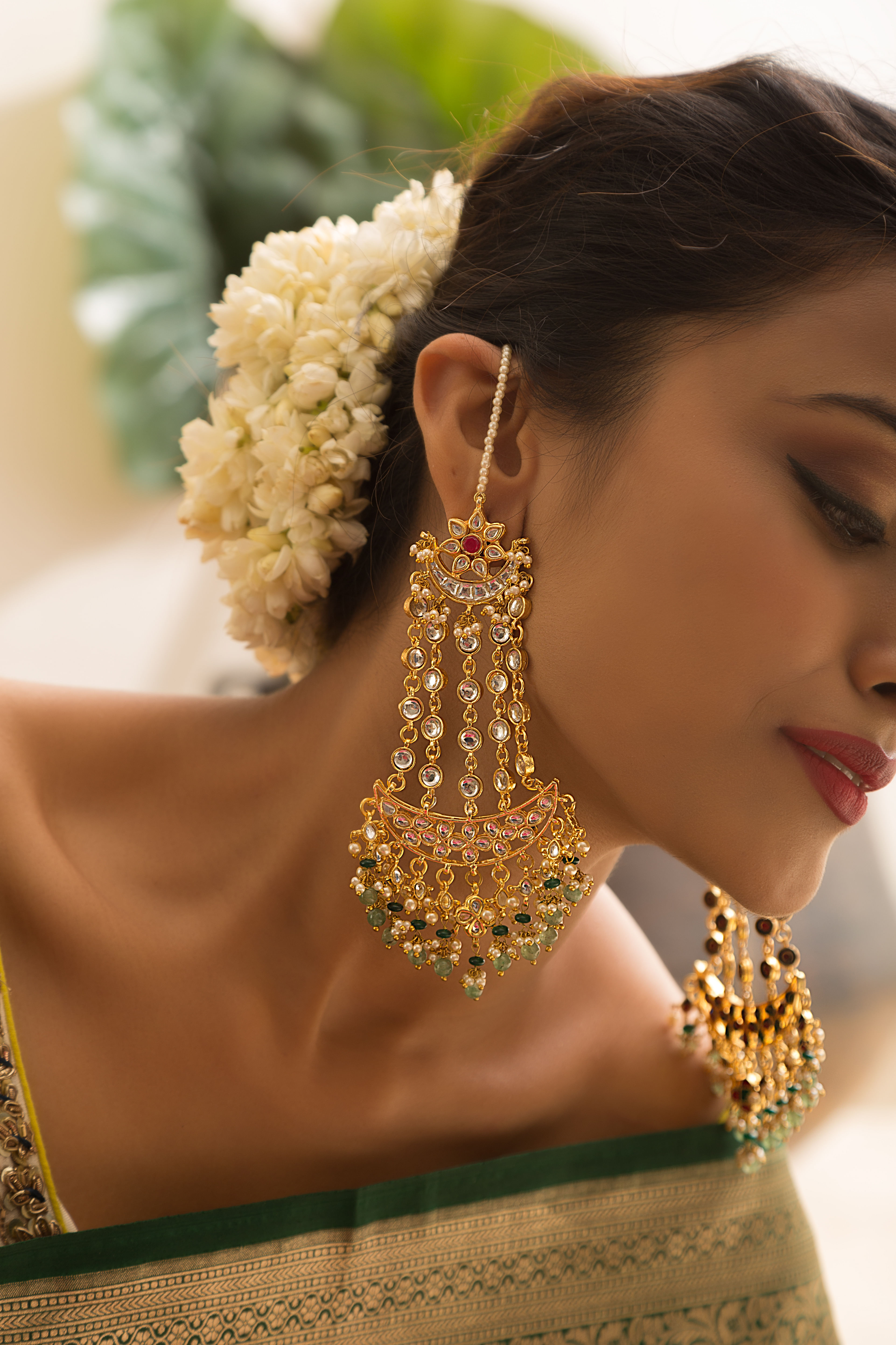 Kundan Chand Earrings With Kundan Ear Chains - MRR262 – Saris and Things