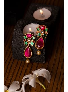 Gulabi Pink & Green Kundan Earrings